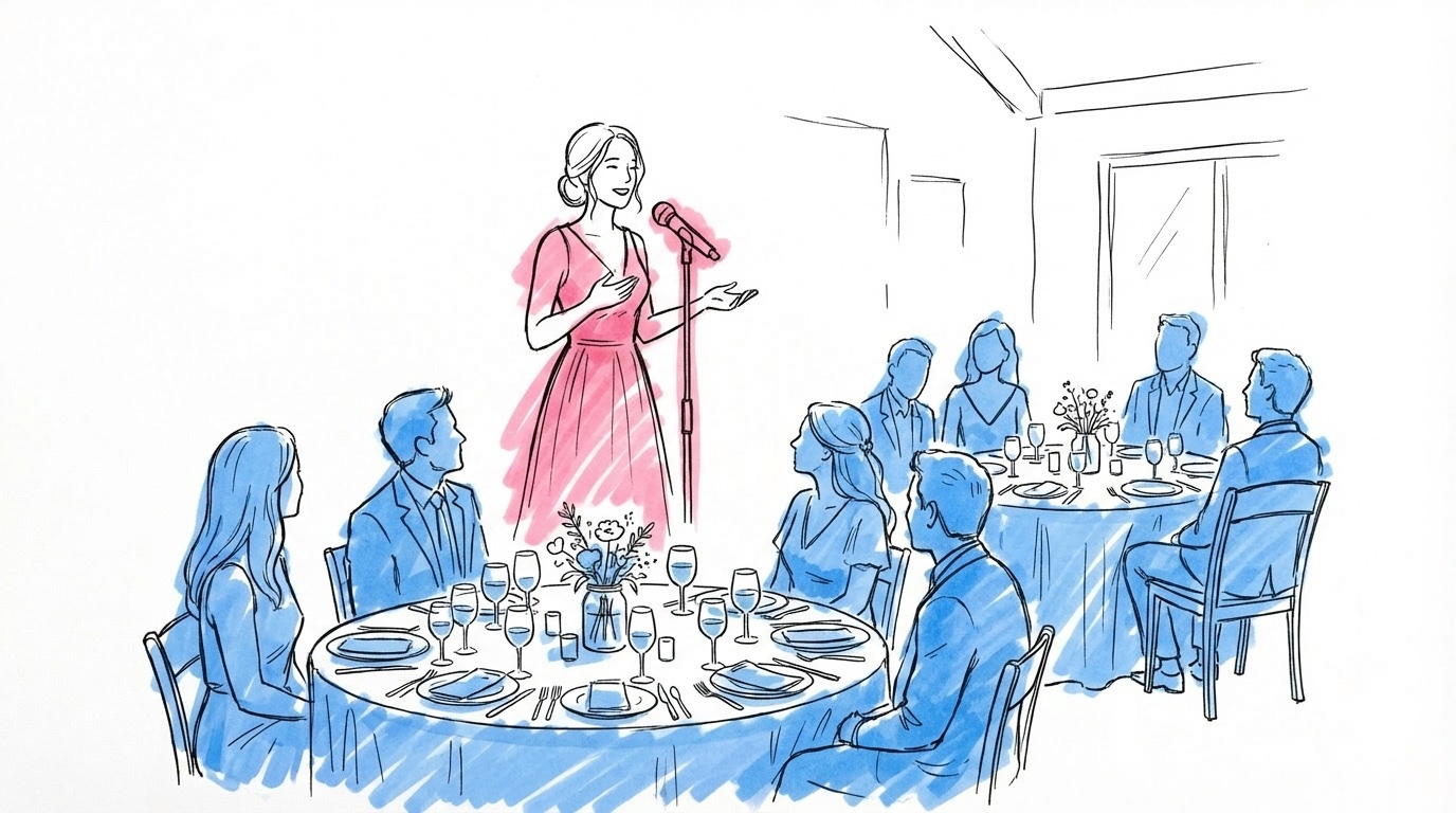 Bästa vän som håller bröllopstal vid mikrofon framför bröllopsbordet med gäster som lyssnar, i Lovios rosa och blå illustrationsstil