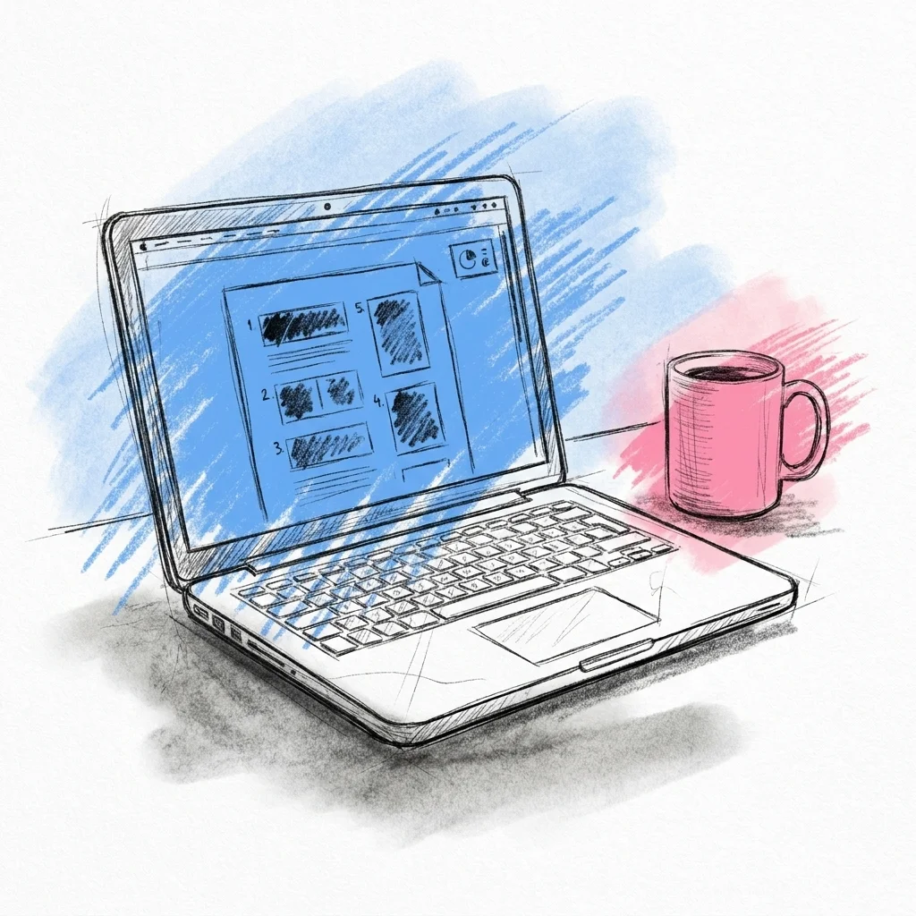 En laptop-skärm visar ett dokument med en talstruktur indelad i numrerade block och en ord-räknare i hörnet, kaffekopp och penna bredvid — Lovios illustrationsstil
