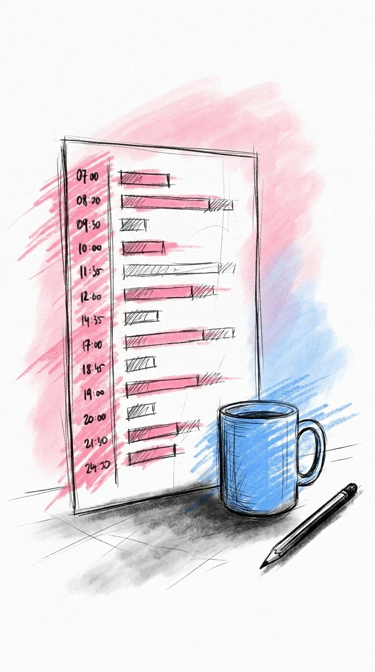 Ett körschema-papper i porträttformat med tidsangivelser i en kolumn och programpunkter markerade bredvid, en penna och en kaffekopp intill — Lovios illustrationsstil