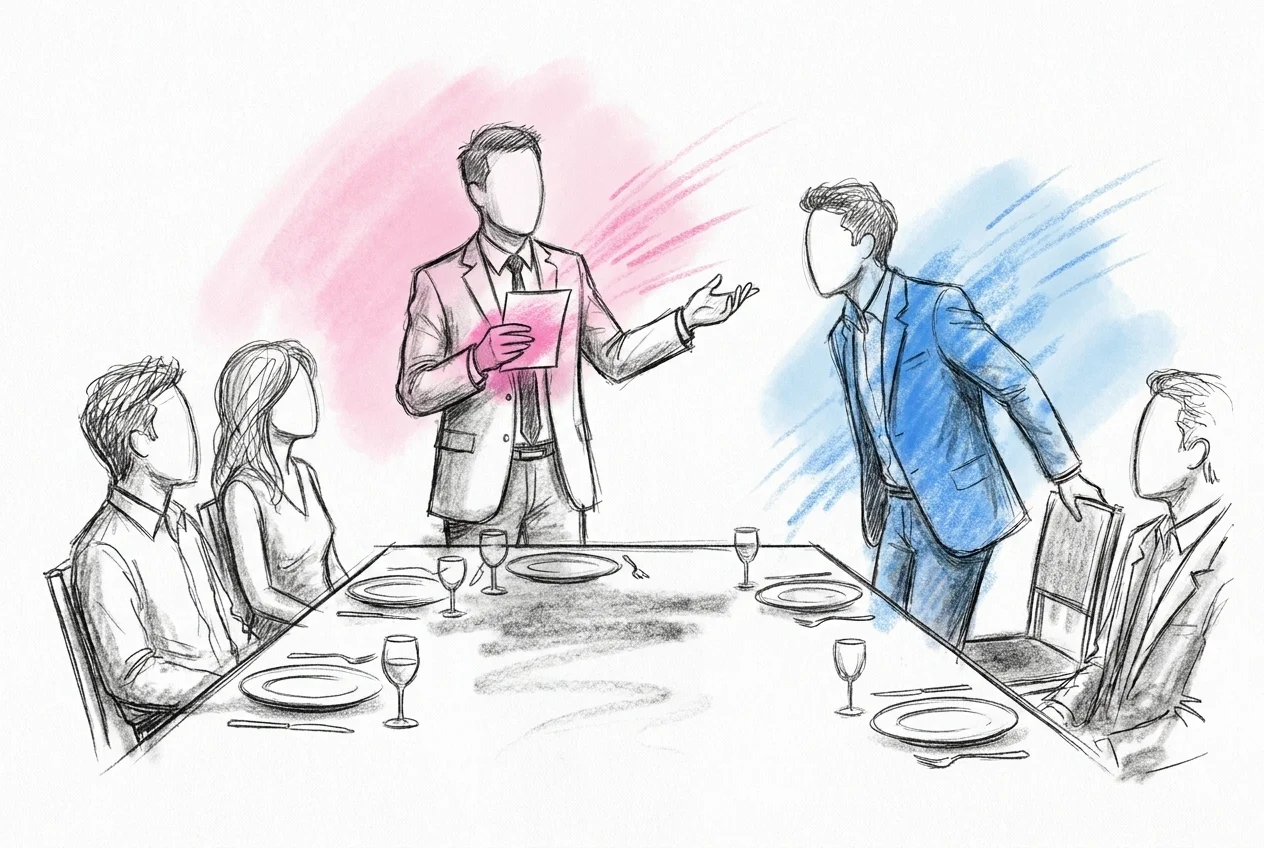 En toastmaster vid bordsänden med en liten talarordning i handen som gör en gest mot en sittande gäst som reser sig, övriga gäster sittande runt bordet — Lovios illustrationsstil