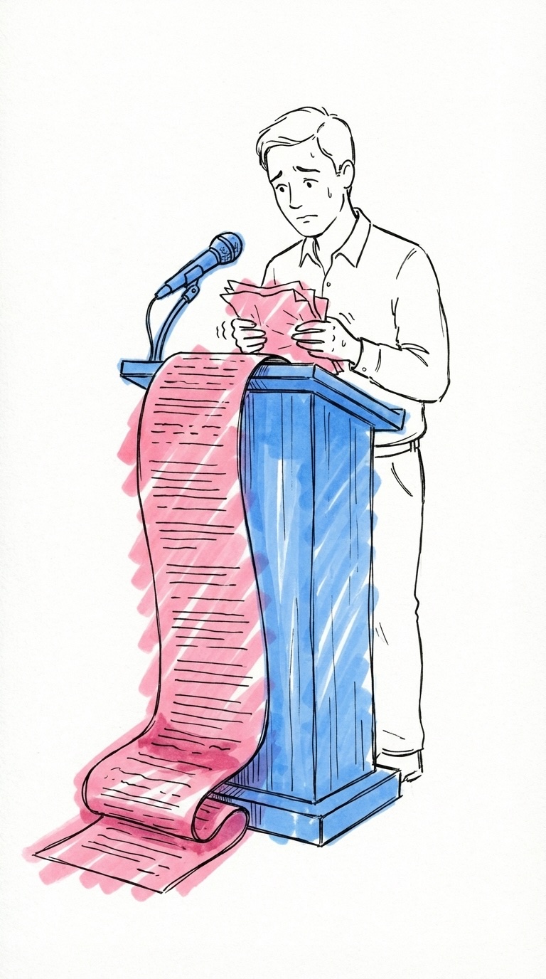 Person vid mikrofon som nervöst tittar ner på hopskrynklade anteckningar med ett alltför långt tal i Lovios rosa och blå illustrationsstil