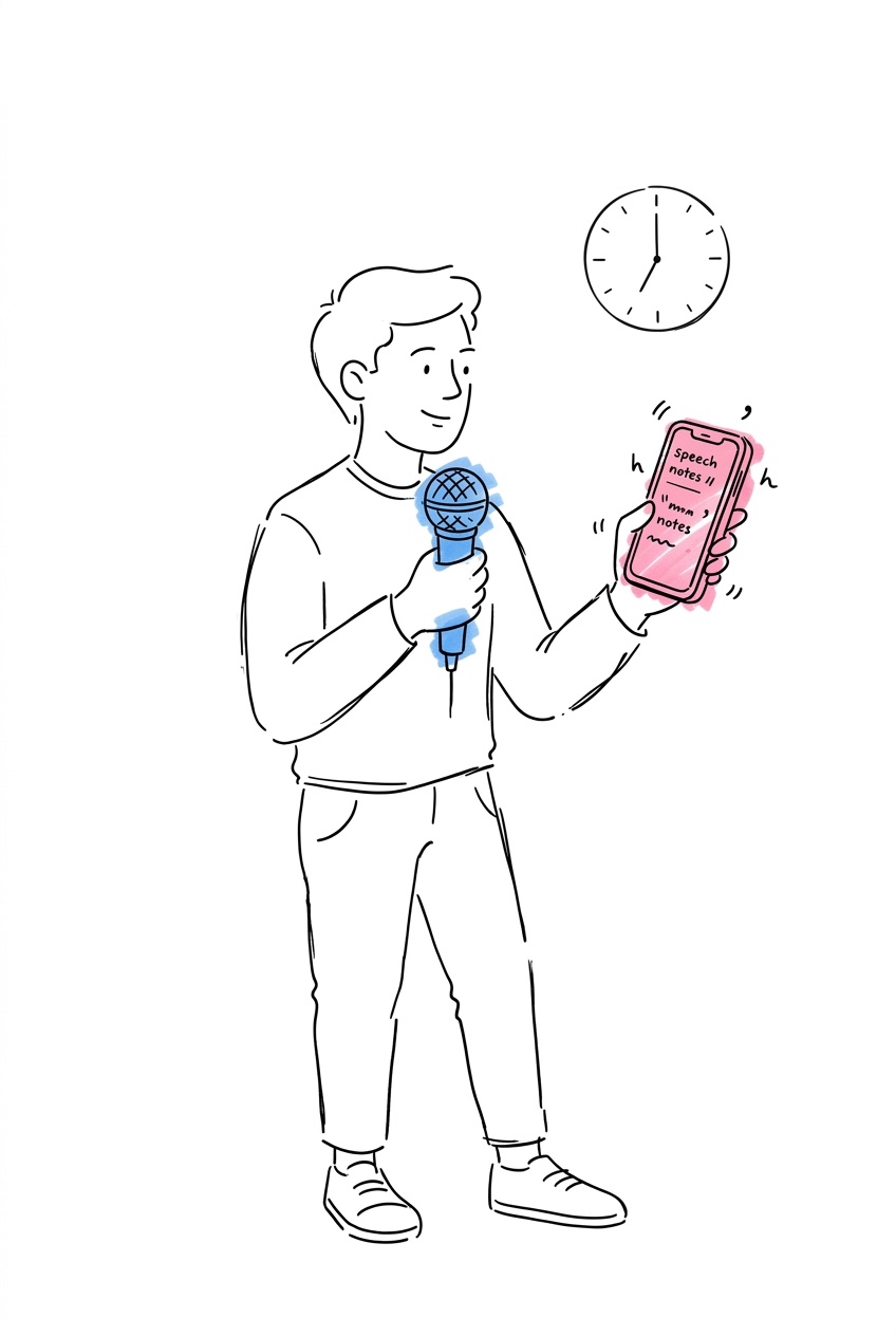 Person övar bröllopstal framför spegel med anteckningsblock