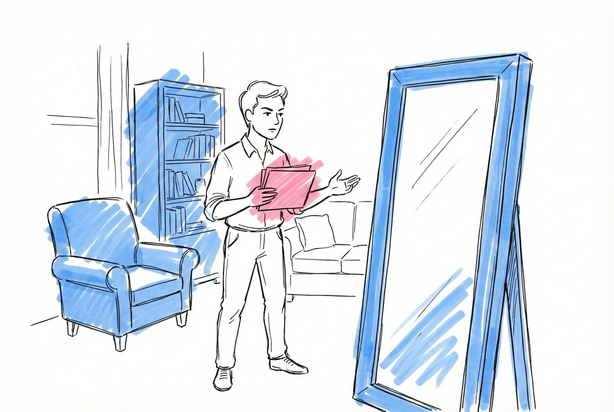 Person som övar ett tal ensam i vardagsrum framför spegel med anteckningskort i handen i Lovios rosa och blå illustrationsstil