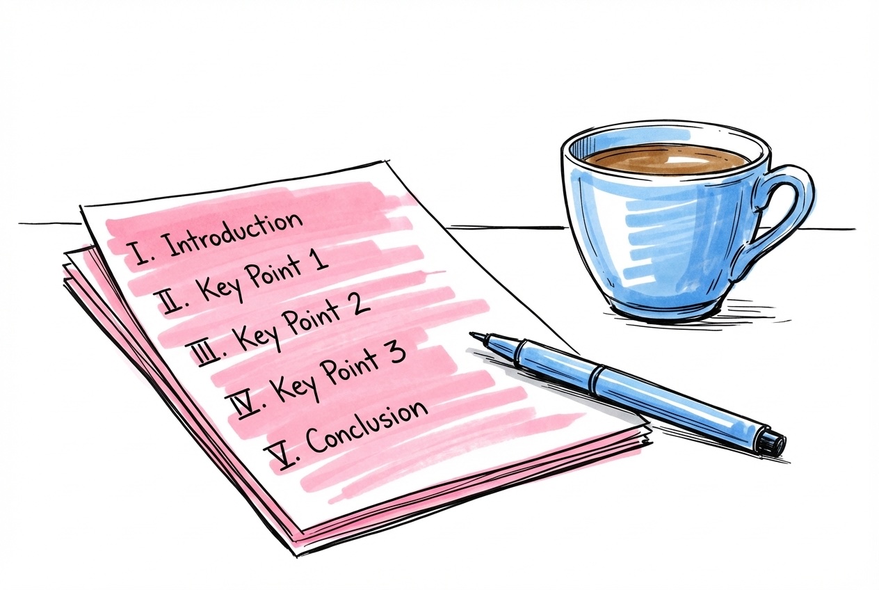 Talanteckningar upplagda på ett skrivbord med fem numrerade delar, penna och kaffekopp i Lovios rosa och blå illustrationsstil