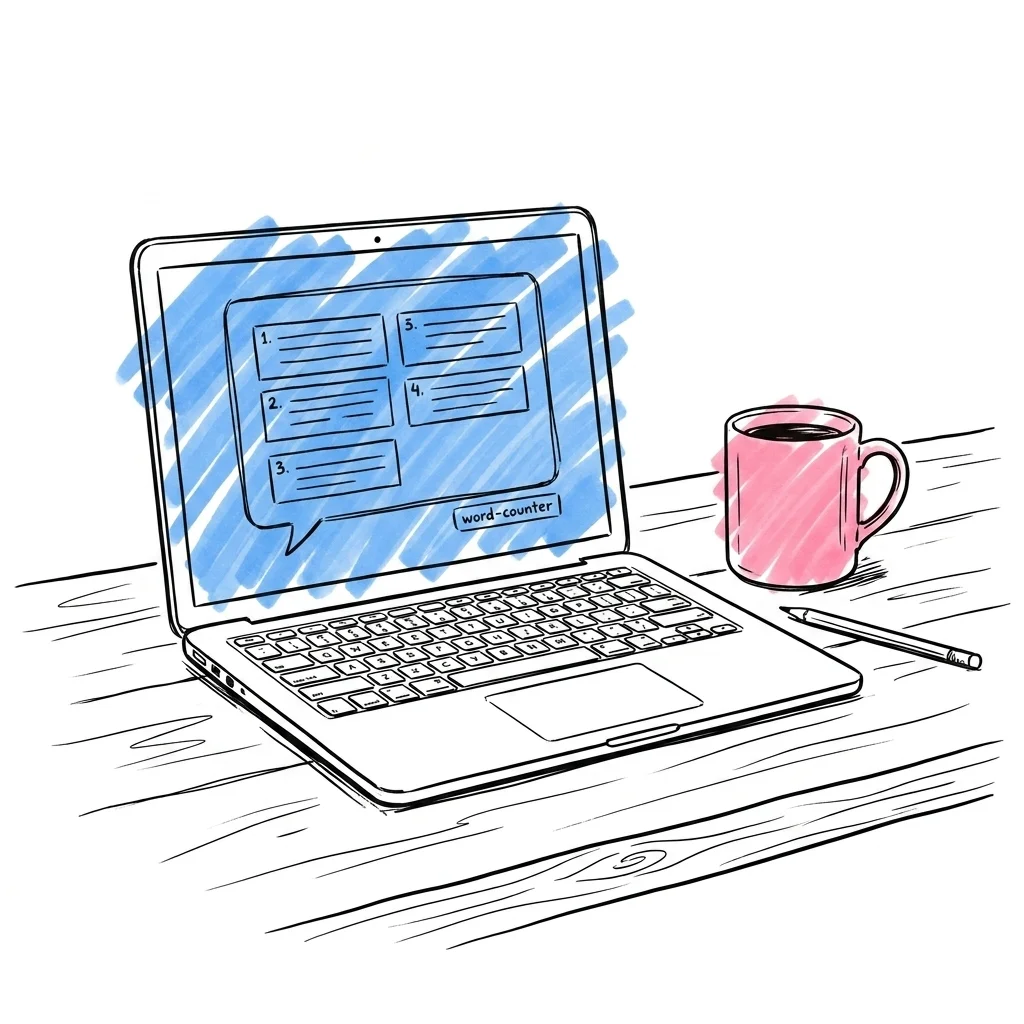 En laptop-skärm visar ett dokument med en talstruktur indelad i fem numrerade block och en ord-räknare i hörnet, kaffekopp och penna bredvid — Lovios illustrationsstil