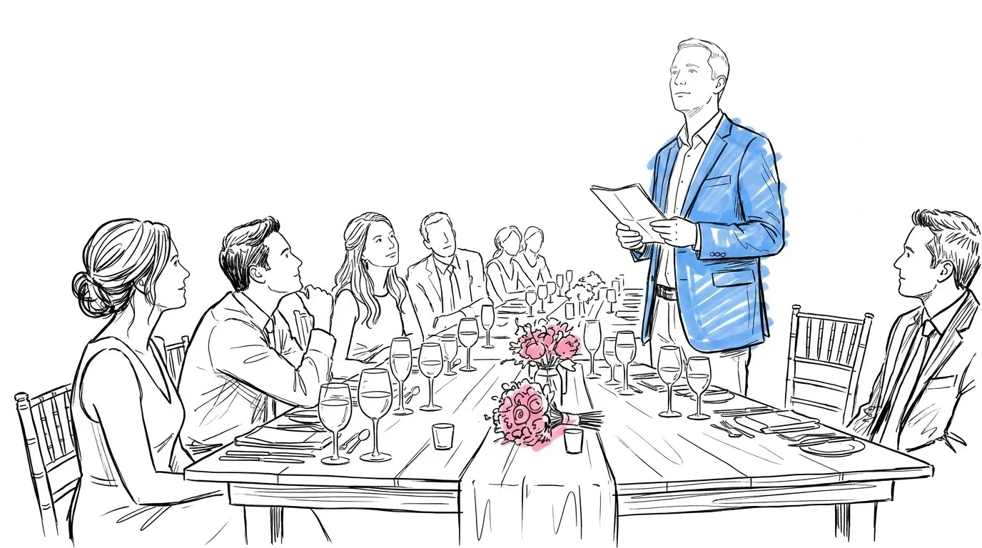 En talare står vid ett dukat bröllopsbord med manus i handen och lyfter blicken mot gästerna — ögonblicket precis innan första meningen, i Lovios illustrationsstil