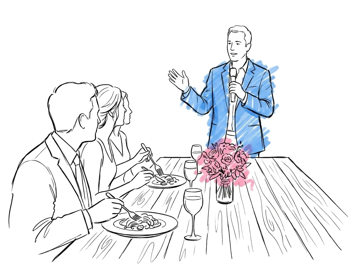En talare står vid bordsänden med handen lätt höjd under första meningen — två gäster vänder huvudet uppåt med gafflar pausade i luften — Lovios illustrationsstil