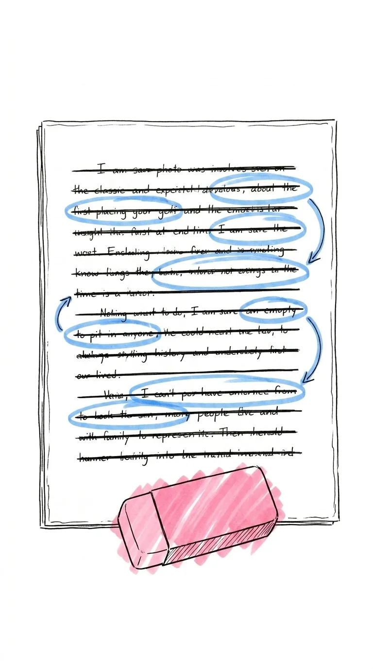 Ett manuspapper i porträttformat med meningar överstrukna med raka streck och rader inringade med pilar — känslan av redigering, i Lovios illustrationsstil