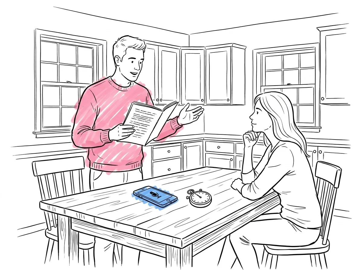En talare står vid ett köksbord och övar med manuset uppslaget, en mobil i inspelningsläge och ett stoppur bredvid medan en person mittemot lyssnar — Lovios illustrationsstil