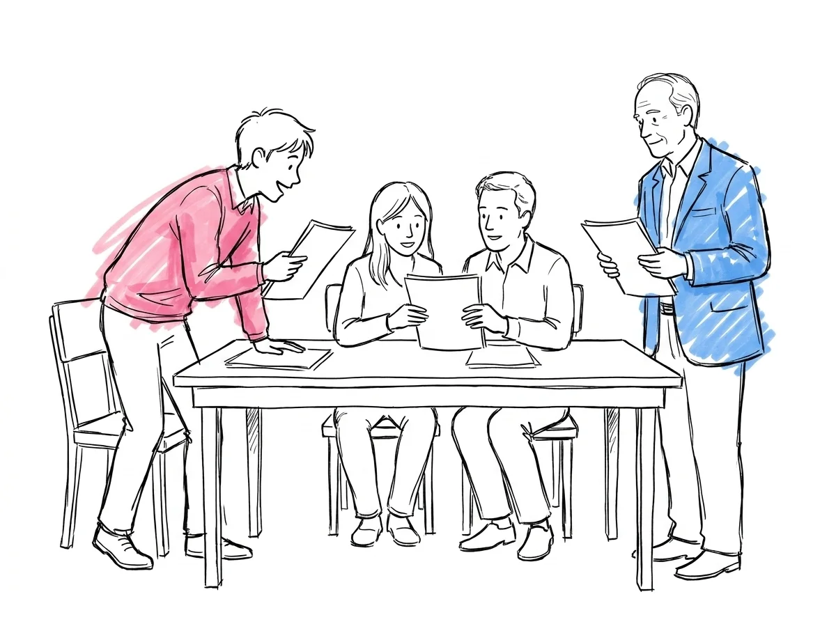 Fyra olika personer runt ett bord med varsitt manus i handen — gestaltade som olika talartyper genom hållning och placering, i Lovios illustrationsstil