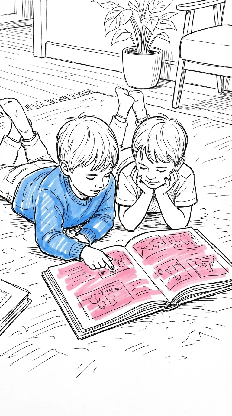 Två barn ligger på mage på ett vardagsrumsgolv och tittar i ett fotoalbum tillsammans, ett av barnen pekar på en bild