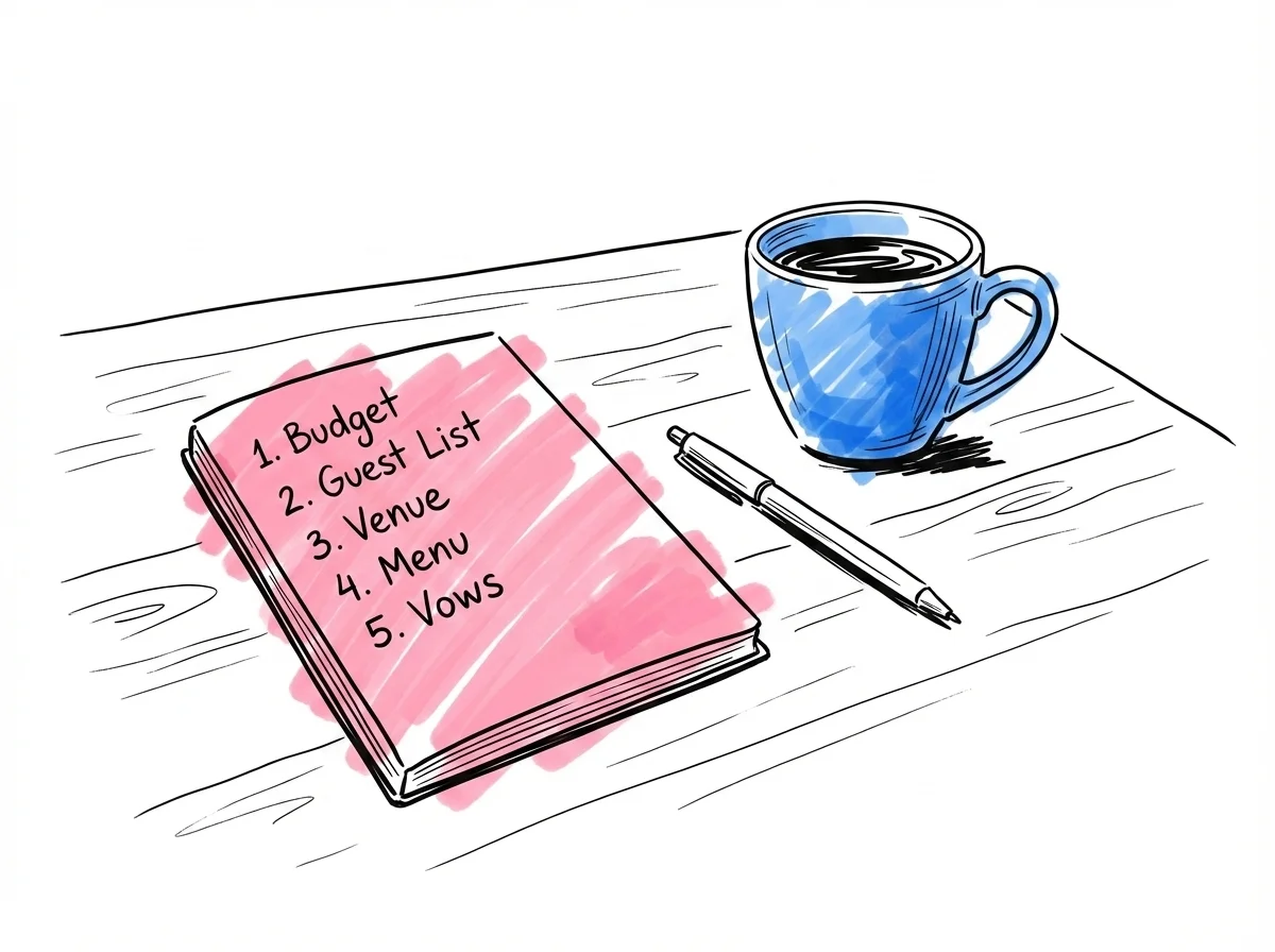 En hand skriver numrerade punkter i en öppen anteckningsbok, med en penna och en kaffekopp på ett köksbord