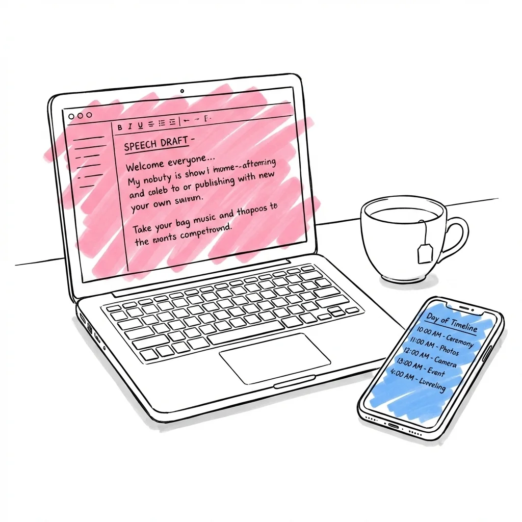 Laptop med en ren texteditor som visar ett talutkast, bredvid en telefon med en dagstidslinje och en tekopp