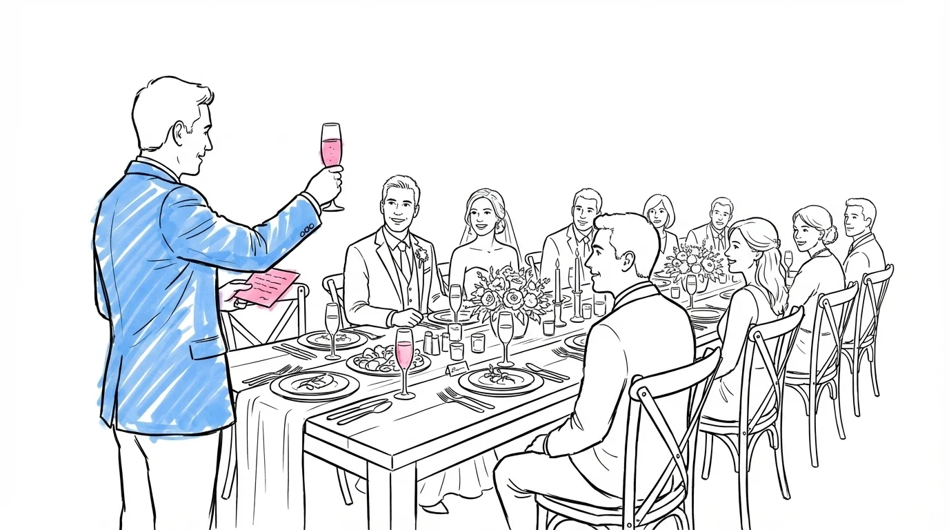 Person står vid ett festdukat långbord och håller ett syskontal, med stödkort i ena handen och ett höjt glas i den andra, bröllopsgäster i bakgrunden