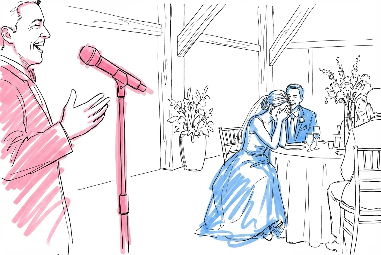 Person vid mikrofon skrattar mitt i en mening medan den sittande bruden eller brudgummen täcker ansiktet av skratt, varm festmiljö