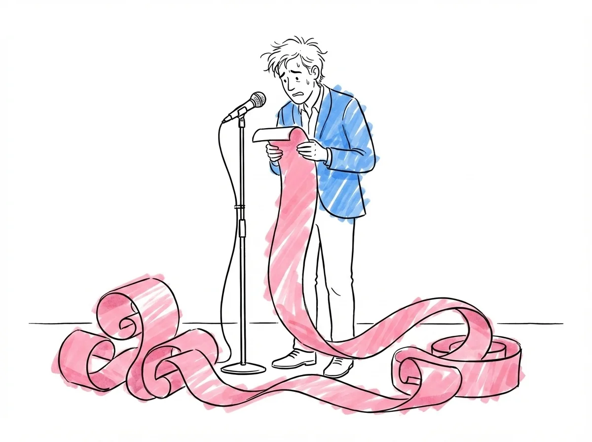 Person står vid mikrofon och tittar nervöst ned på en absurt lång pappersrulle som rullar ut hela vägen till golvet