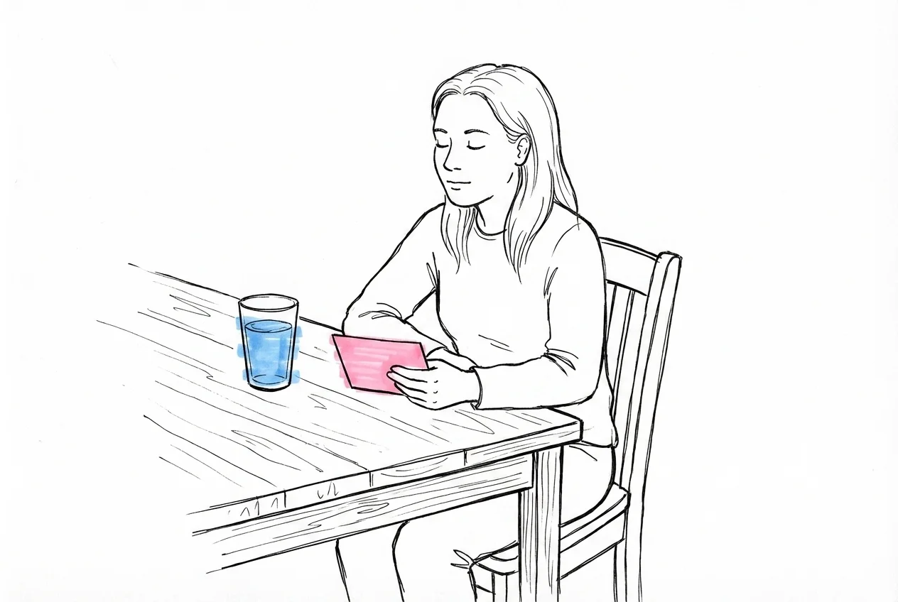 Person sitter lugnt i en stol vid ett bordhörn med slutna ögon och tar ett djupt andetag, med ett litet stödkort löst i handen och ett glas vatten på bordet