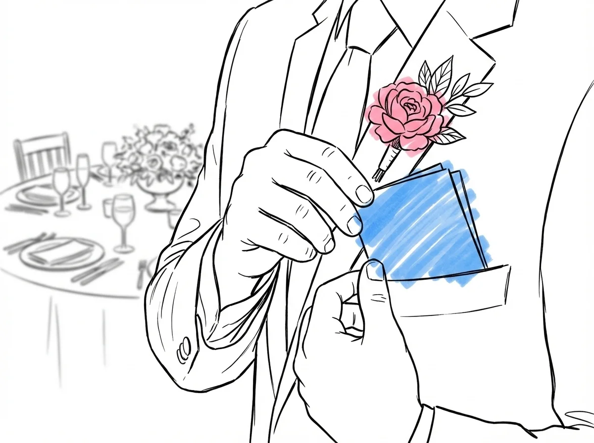 Närbild av händer som stoppar ett litet vikt stödkort i en kavajbröstficka, med en boutonniere på kavajslaget och en festlig bordsdukning suddig i bakgrunden