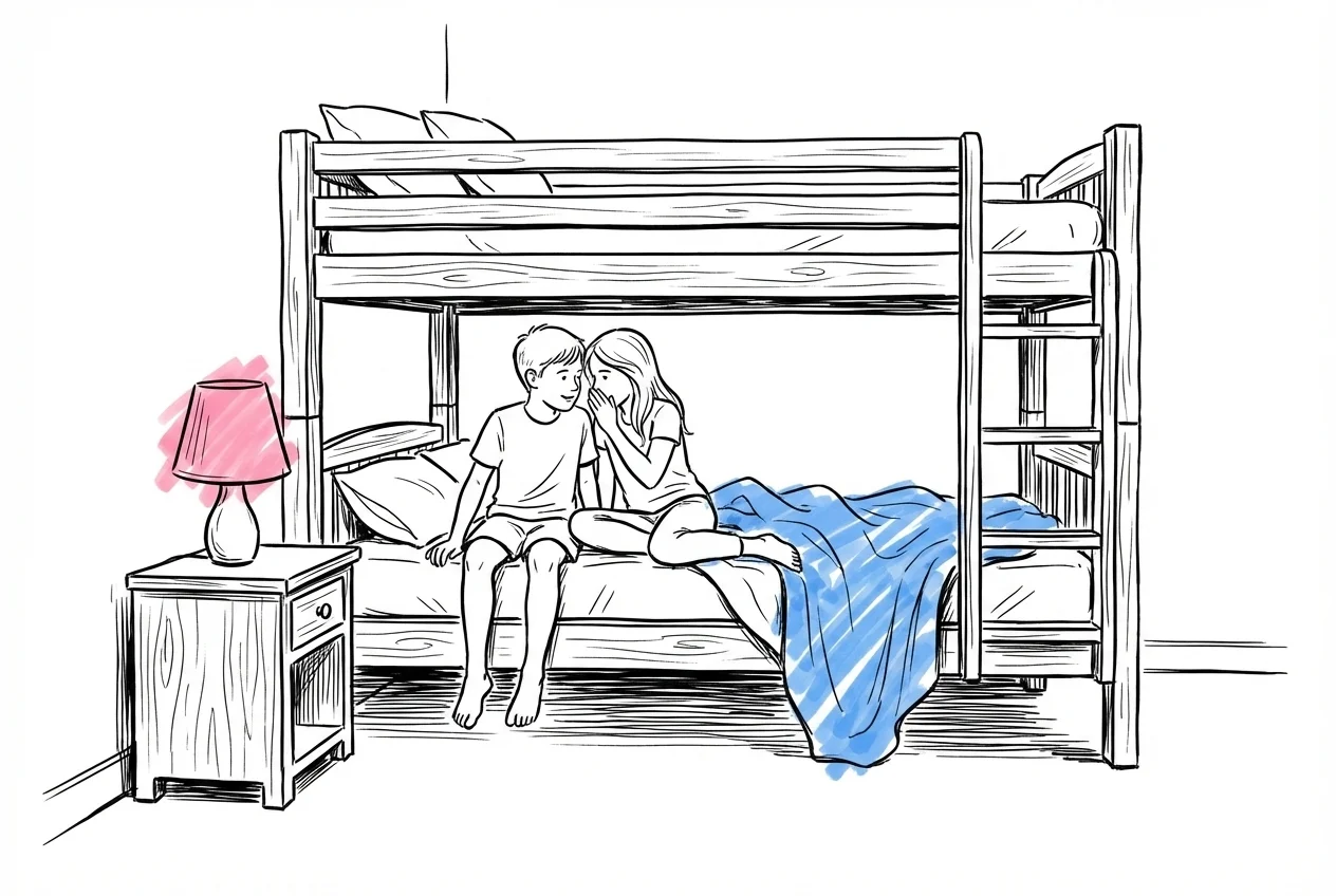 Två syskon sitter på en barndomsvåningssäng och viskar till varandra sent på kvällen, med en liten sänglampa tänd