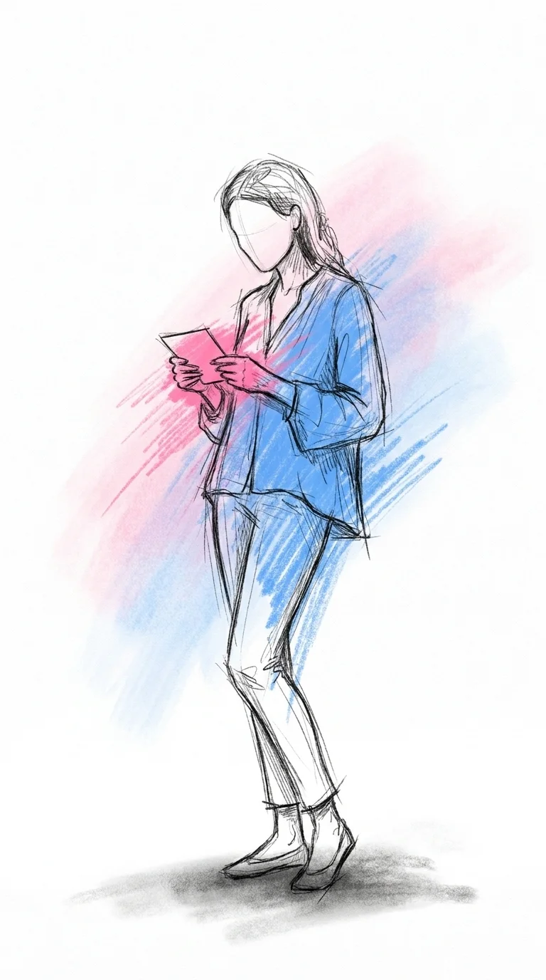 Förälder som står ensam i ett stilla rum med en notiskort i handen och övar en mening tyst, i Lovios rosa och blå illustrationsstil