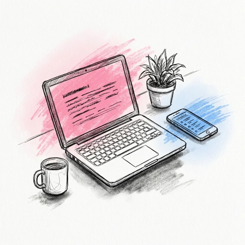 Laptop öppen på ett talutkast bredvid mobil med dagsprogram, ordnat skrivbord med en liten växt, i Lovios rosa och blå illustrationsstil