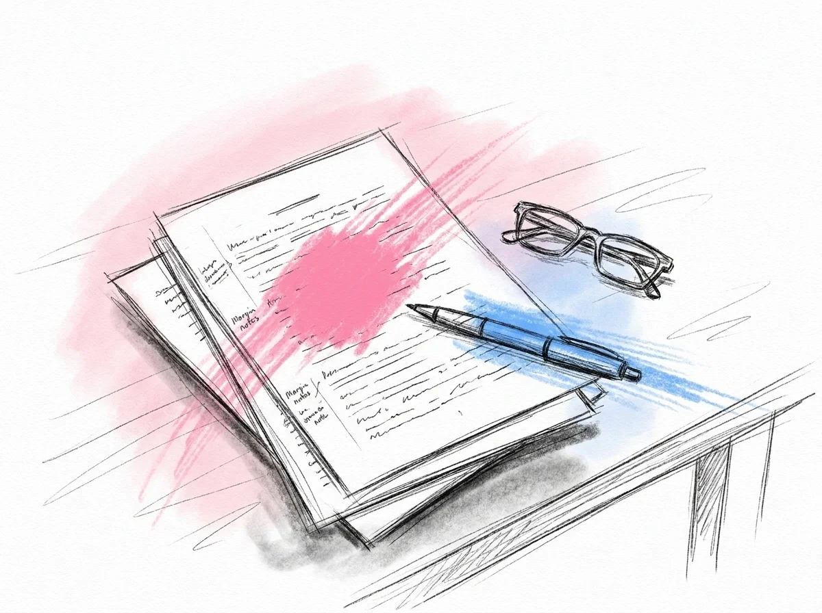 Tryckt talmanus uppslaget på ett bord med en penna och några handskrivna ändringar i marginalen, i Lovios rosa och blå illustrationsstil