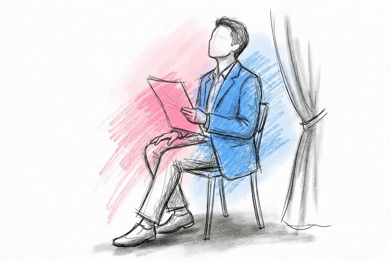 Förälder som sitter bakom kulisserna på en bröllopslokal, blundar och andas lugnt innan hen ska tala, i Lovios rosa och blå illustrationsstil