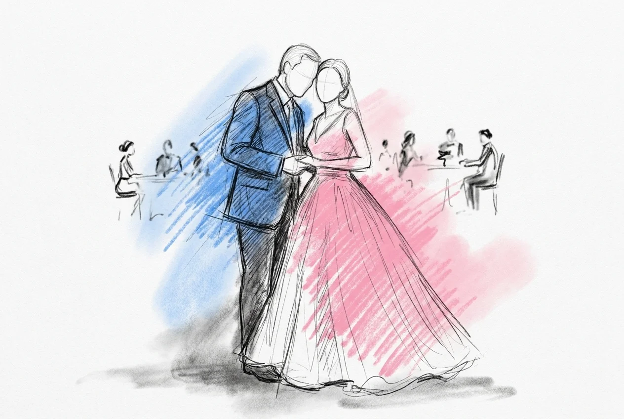 Pappa som lutar sig mot sin dotter under en bröllopsmottagning och säger något som får henne att le mjukt, i Lovios rosa och blå illustrationsstil