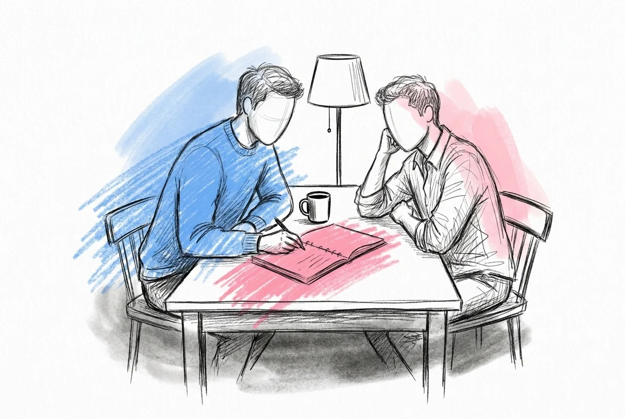Två föräldrar som sitter vid köksbordet och pratar lågmält kring en uppslagen anteckningsbok, i Lovios rosa och blå illustrationsstil
