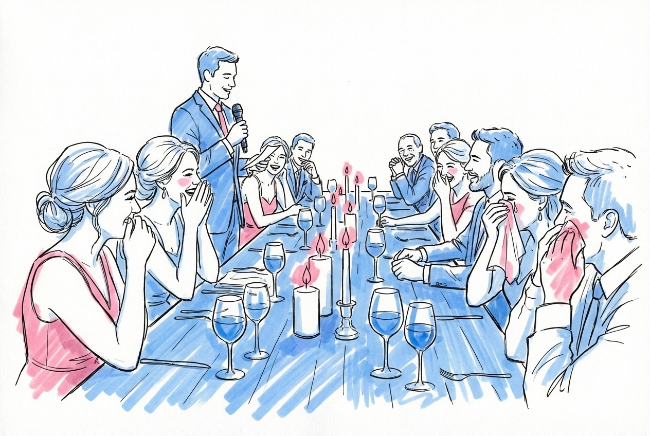 Bröllopsgäster vid middagsbordet som reagerar på ett tal — skratt och tårar blandat i Lovios rosa och blå illustrationsstil
