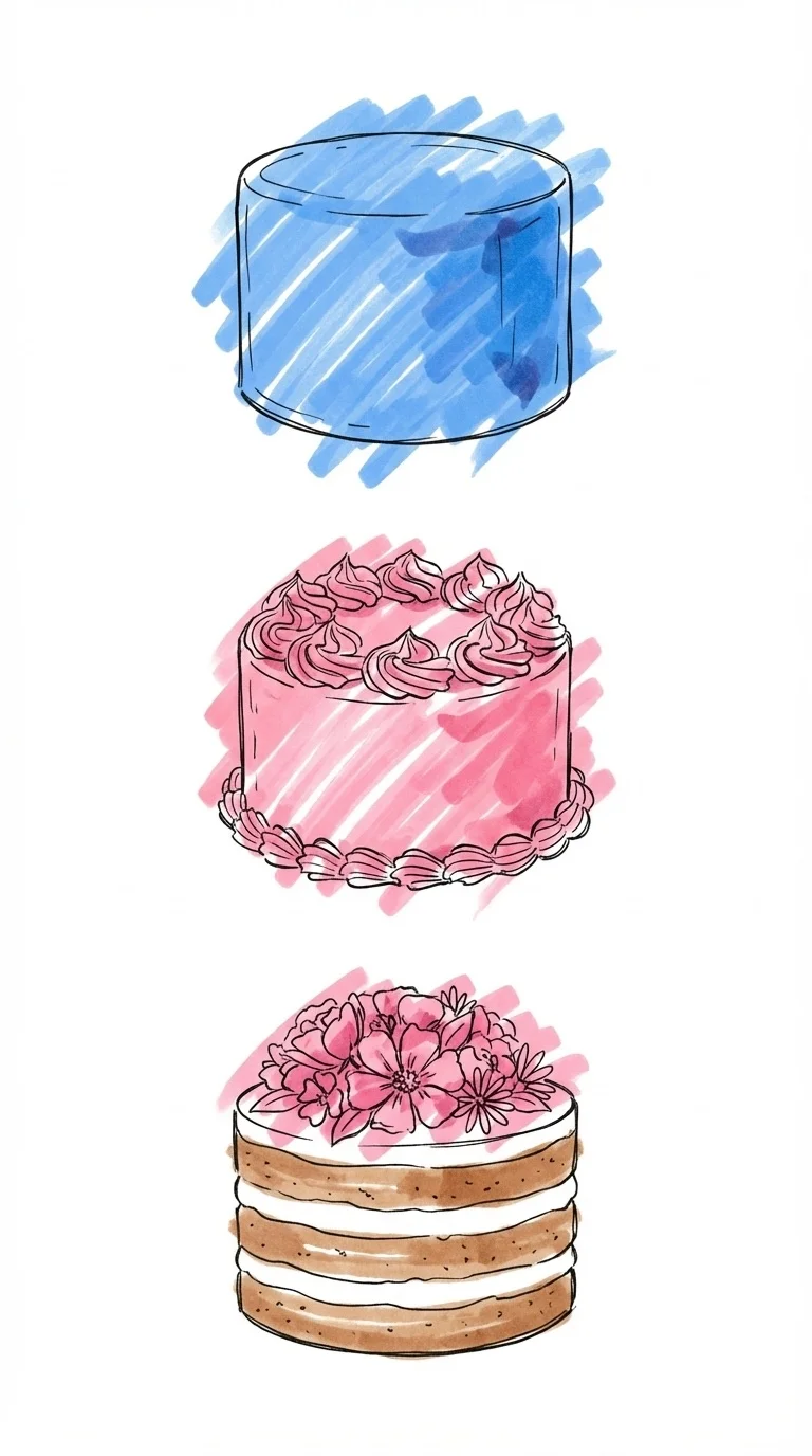 Tre små tårtor uppställda vertikalt som visar olika stilar — en slät fondanttårta, en spritsad buttercreamtårta och en naked cake med färska blommor, i Lovios rosa och blå illustrationsstil