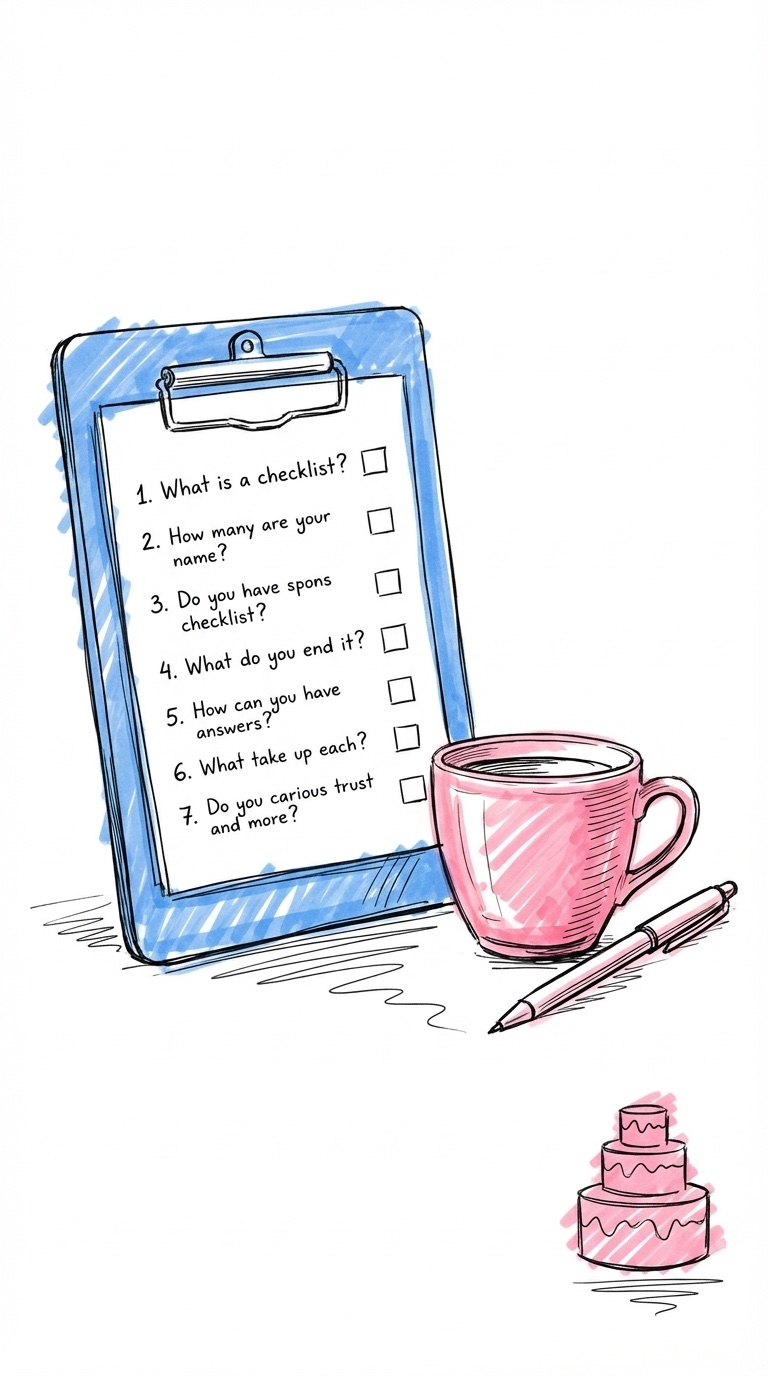 En checklista med sju numrerade frågor på ett skrivunderlägg bredvid en kaffekopp och en penna, med en liten tårtskiss i hörnet, i Lovios rosa och blå illustrationsstil