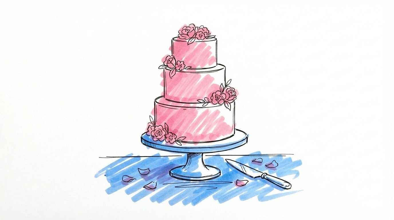 En trevånings bröllopstårta på ett runt tårtstativ med små dekorativa blommor och en tårtkniv på ett festligt bord, i Lovios rosa och blå illustrationsstil