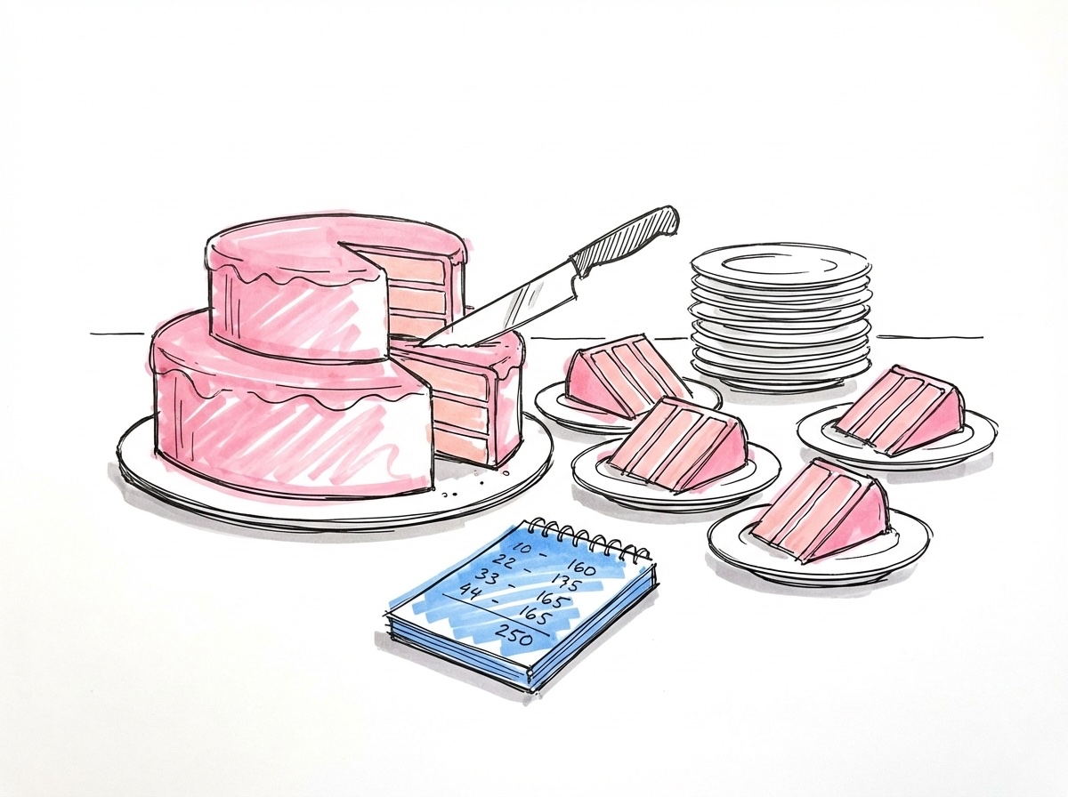 En våningstårta som skärs i prydliga portioner på små tallrikar, med en stapel dessertfat bredvid och ett litet anteckningsblock som visar gästsiffror, i Lovios rosa och blå illustrationsstil