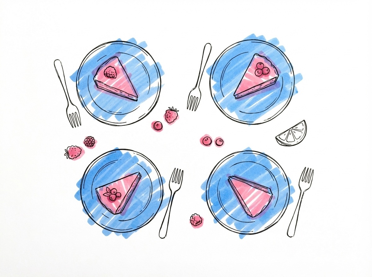 En flat-lay med små smakprovstallrikar och tårtskivor i olika smaker — hallon, choklad, citron, pistasch — med en gaffel bredvid varje tallrik, i Lovios rosa och blå illustrationsstil