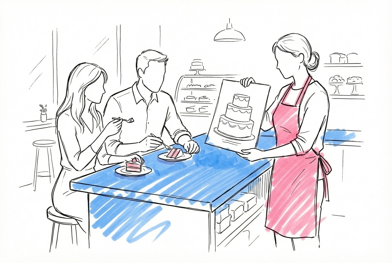 Ett par som sitter vid en konditoridisk och smakar små tårtprover medan en konditor i förkläde visar en skiss eller inspirationsbild, i Lovios rosa och blå illustrationsstil