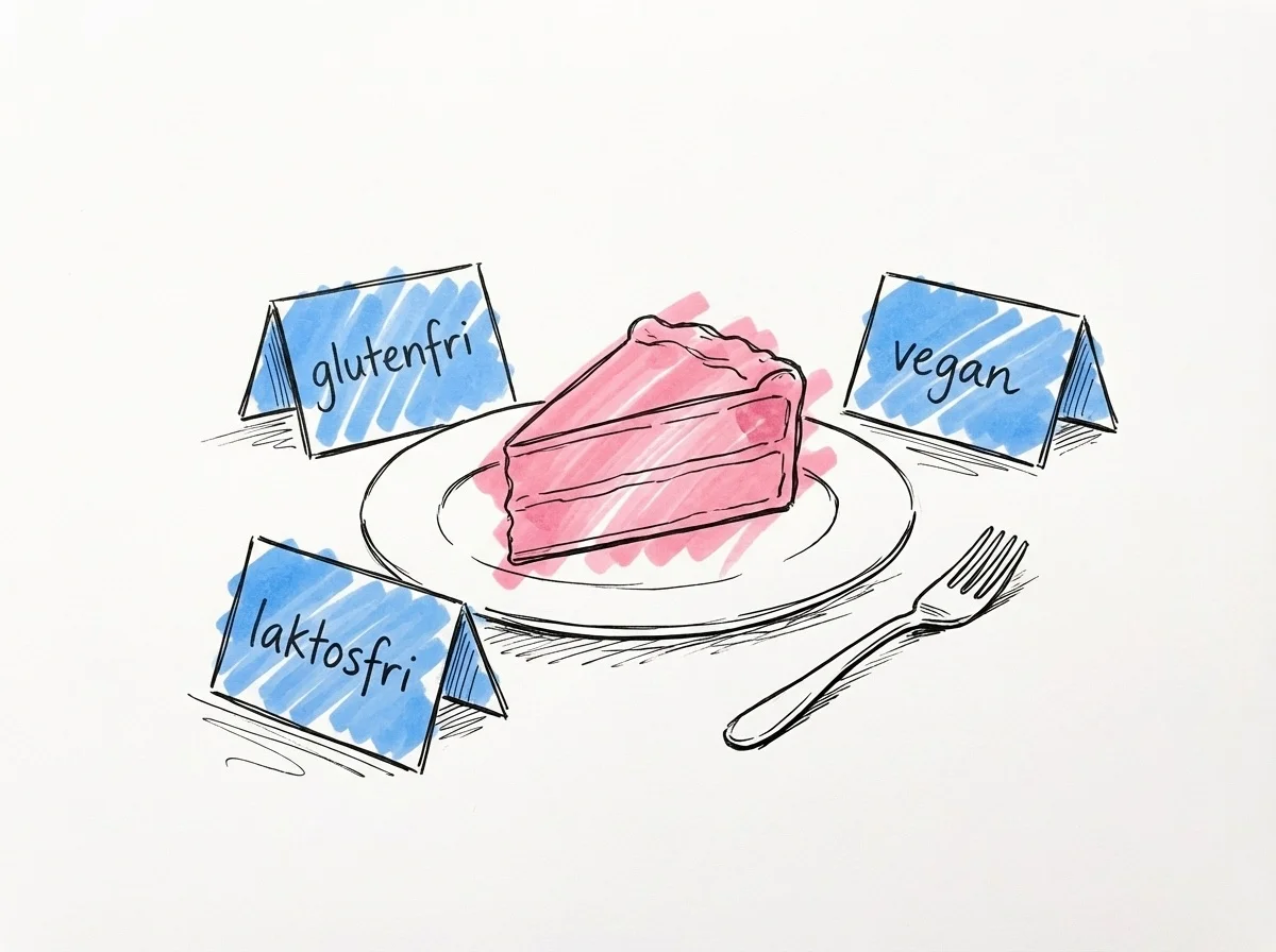 En enskild tårtskiva på en tallrik med små märkta kort runtom som läser glutenfri, laktosfri och vegan, i Lovios rosa och blå illustrationsstil