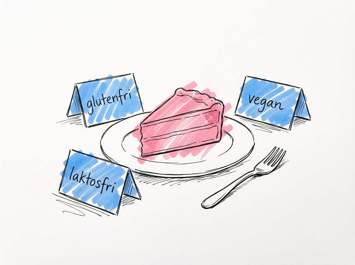 En enskild tårtskiva på en tallrik med små märkta kort runtom som läser glutenfri, laktosfri och vegan, i Lovios rosa och blå illustrationsstil