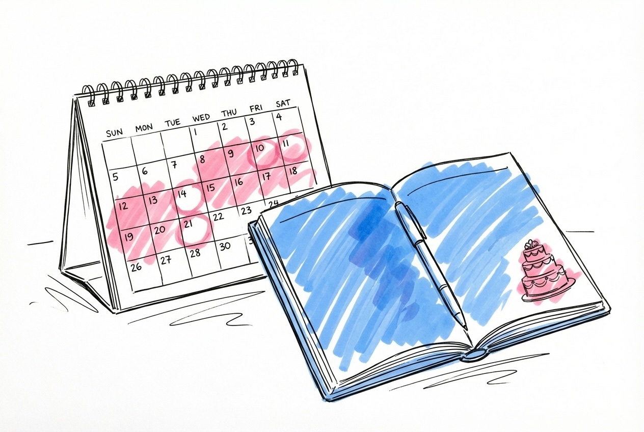 En bordskalender med några inringade datum bredvid en planeringsanteckningsbok, en penna och en liten skiss av en våningstårta, i Lovios rosa och blå illustrationsstil