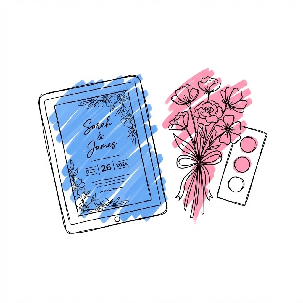 Digital bröllopsinbjudan på surfplatta med blommor och färgpaletter