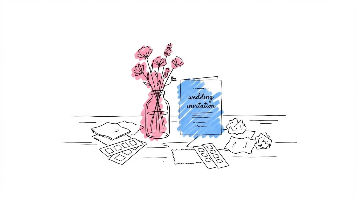 Bröllopstema idéer — moodboard med tygprover, blommor och färgpaletter