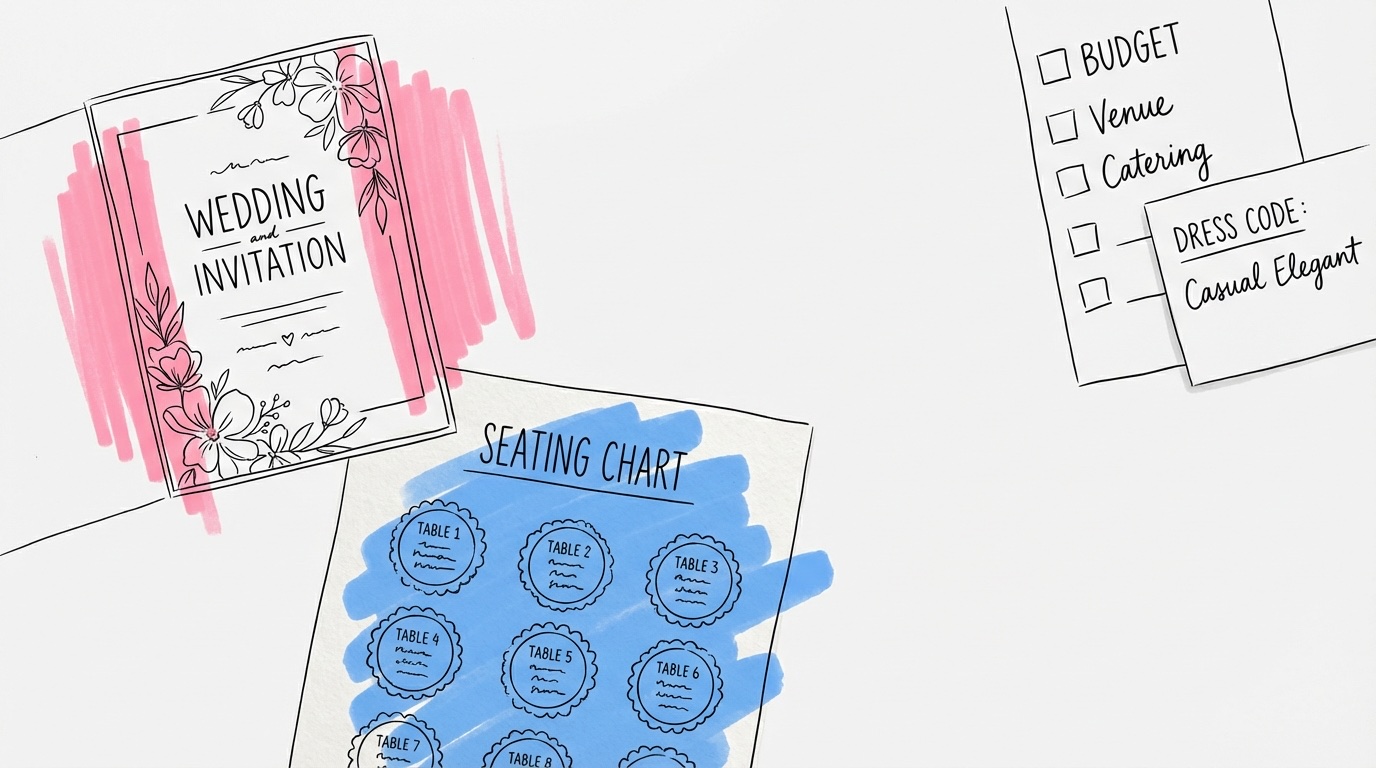 Planeringsuppslag med inbjudan, bordsplacering, budget och klädkodskort