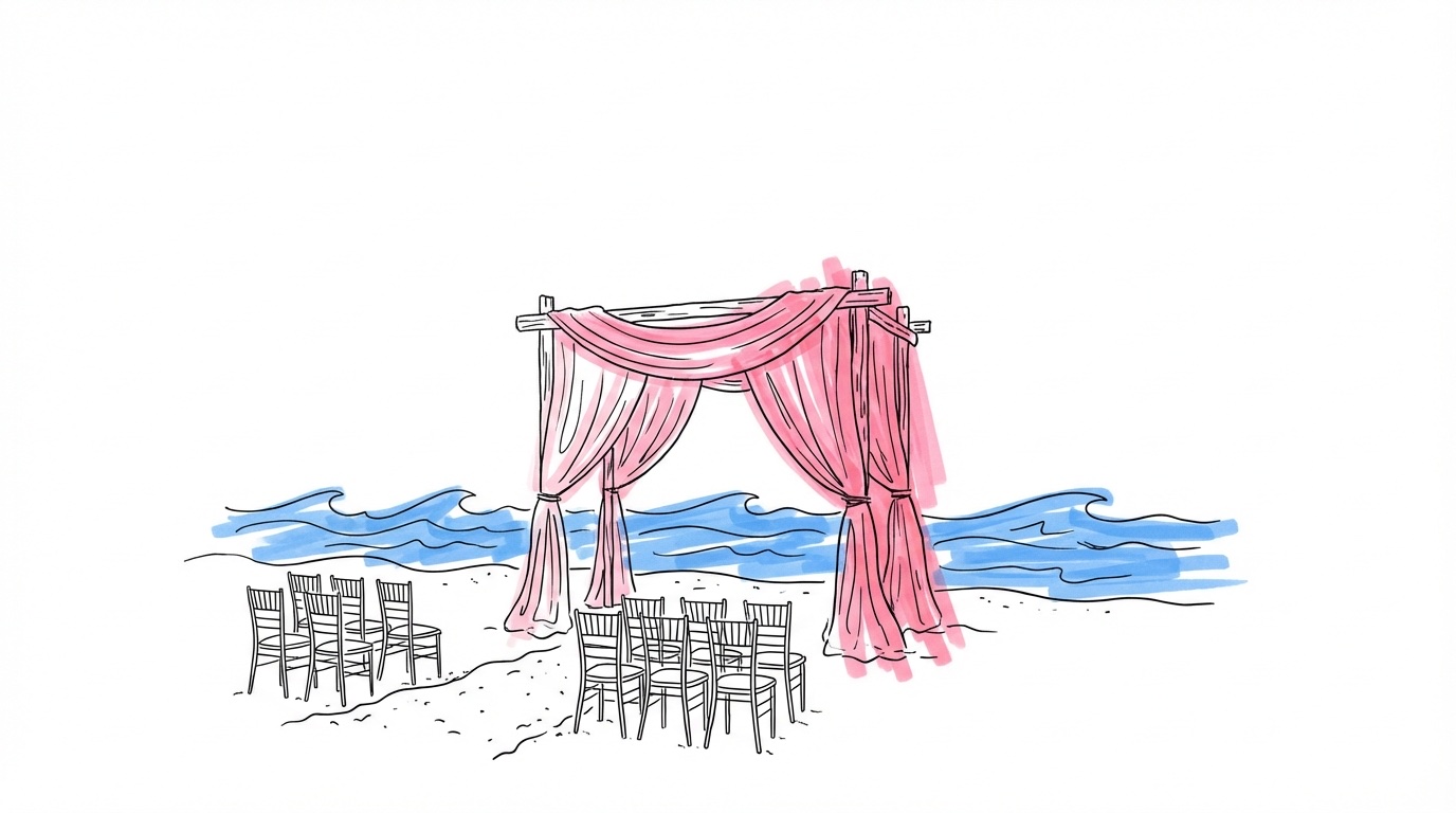 Strandbröllop — ceremoniportal på sandstrand med havet i bakgrunden