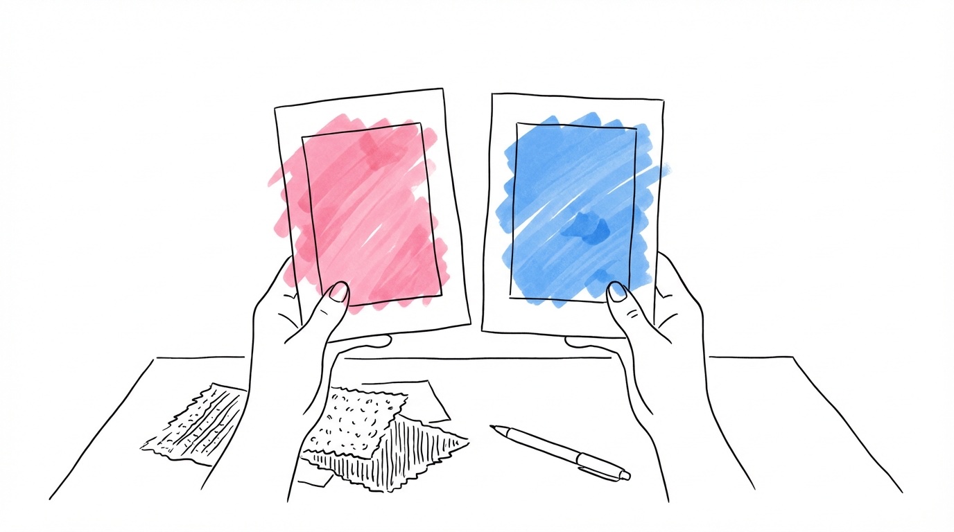 Två händer som jämför färgprover och materialprover