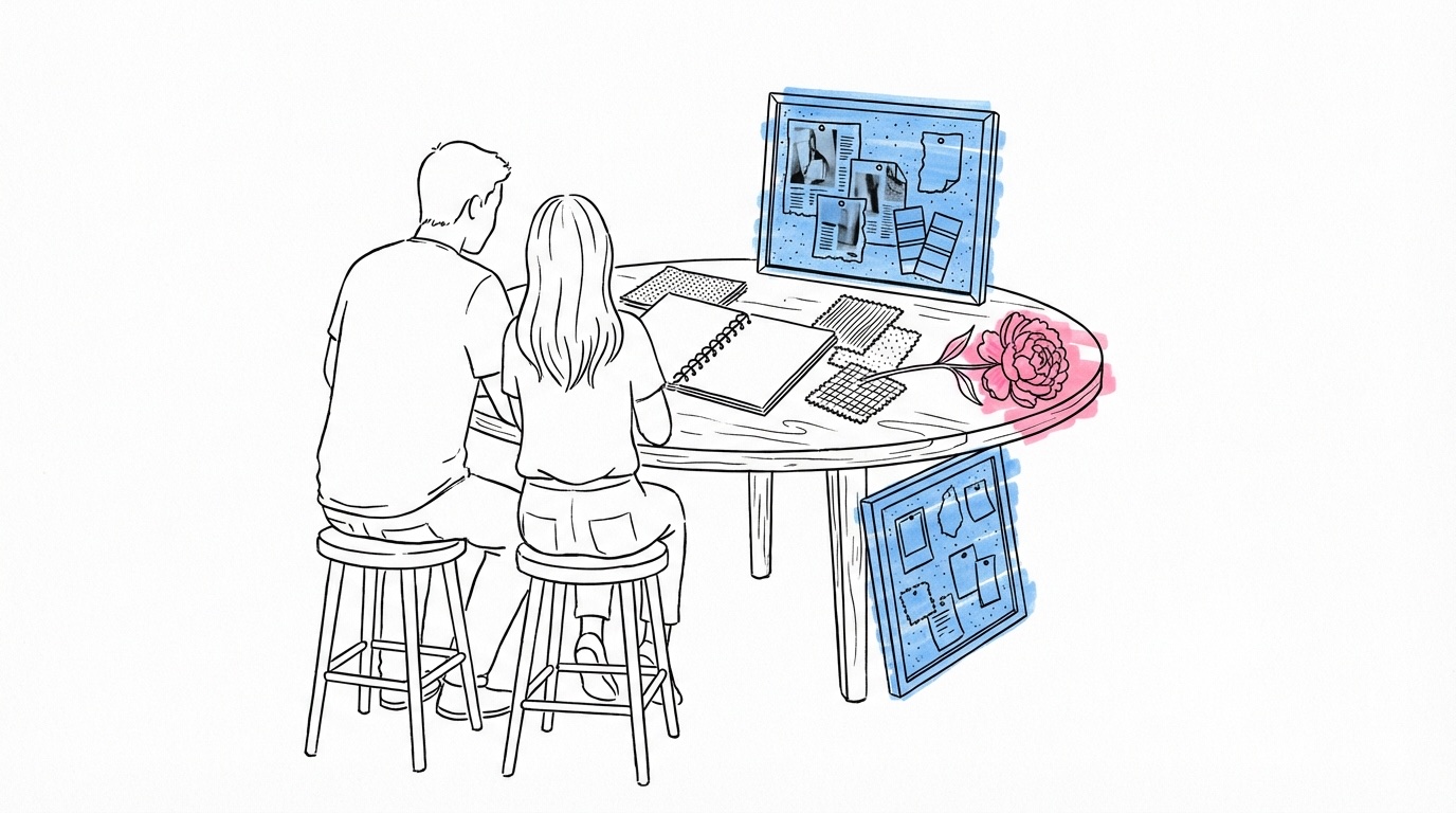 Par som sitter tillsammans och tittar på inspirationsbilder för bröllopstema