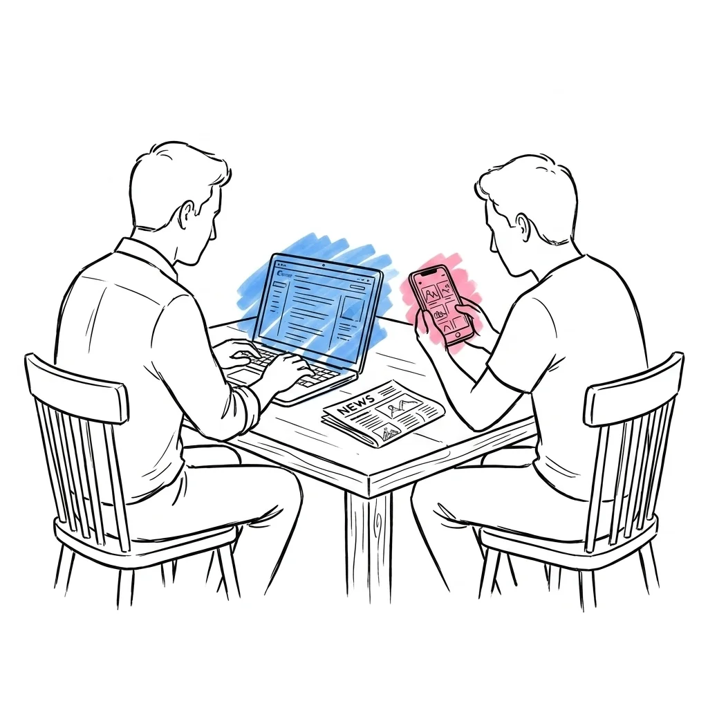 Två personer vid bord — en skriver på laptop, den andra visar uppladdade foton på mobil, tidningsutkast mellan dem