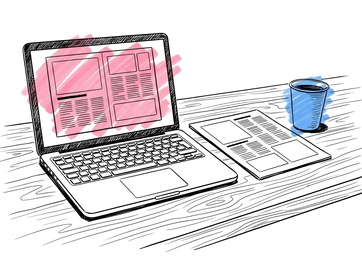 Laptop med tidningslayout i Canva, provtryck och kaffekopp på skrivbord