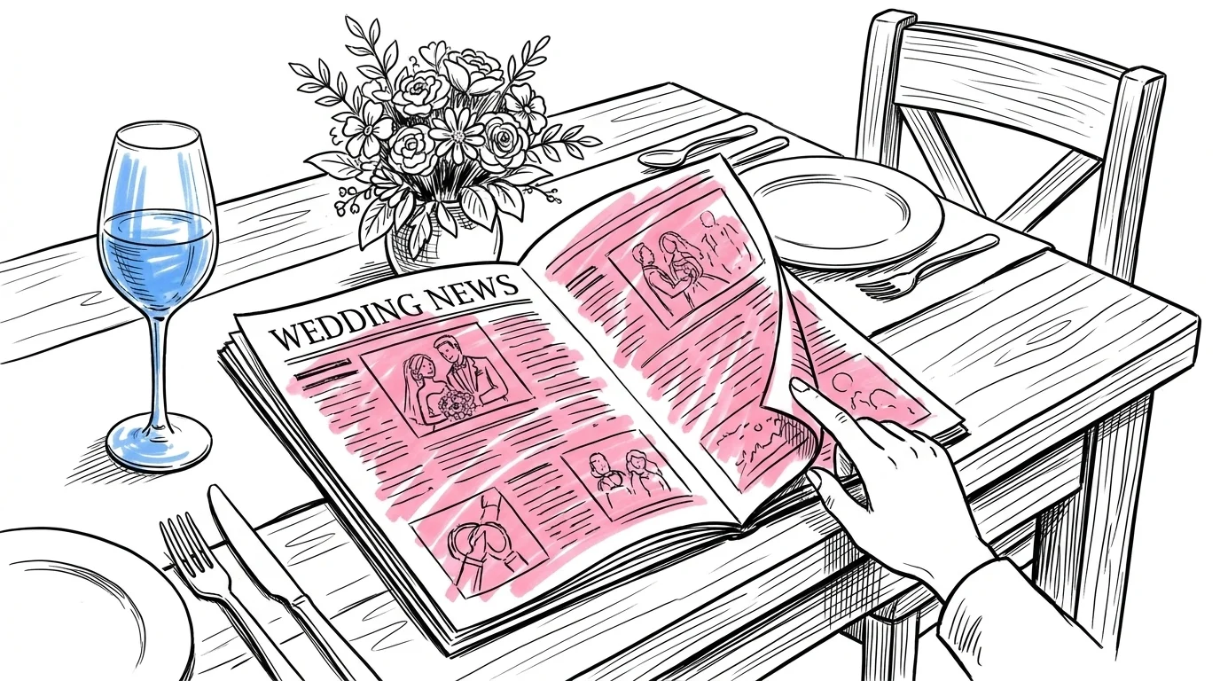 Öppen bröllopstidning på dukat middagsbord med vinglas och blomsterarrangemang