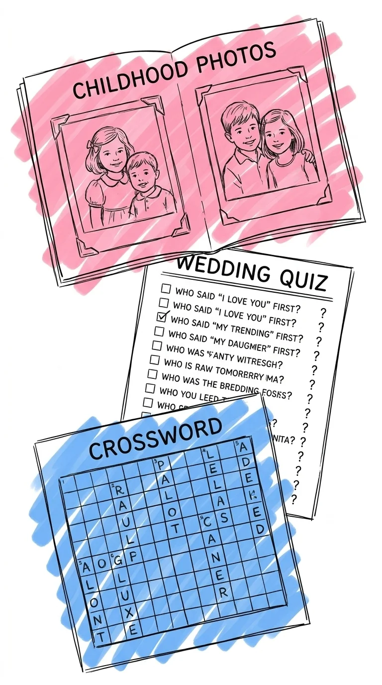 Vertikal kollage av tidningsinnehåll: barndomsfoton, quiz-sida, handskrivet brev och korsord