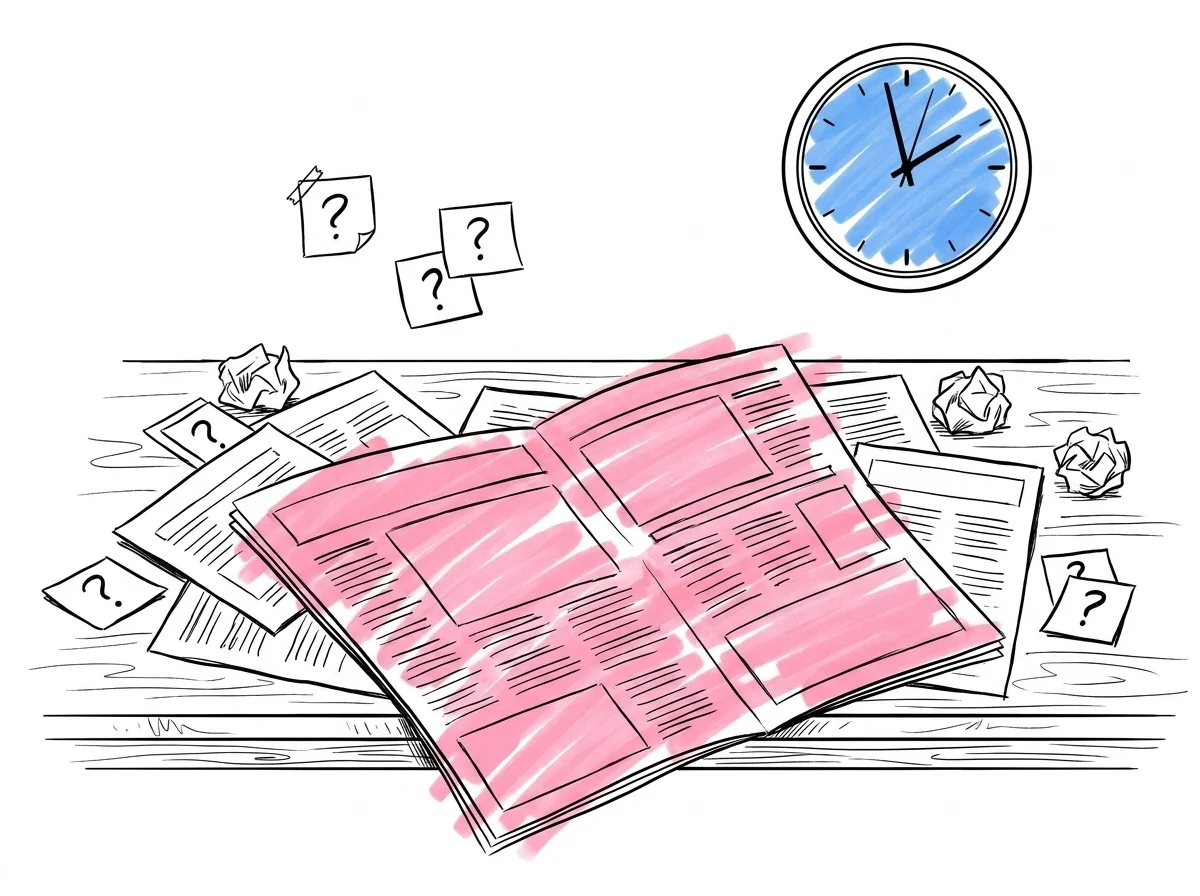 Stökigt skrivbord med spridda utkast, frågetecken-lappar och klocka som visar sen tid